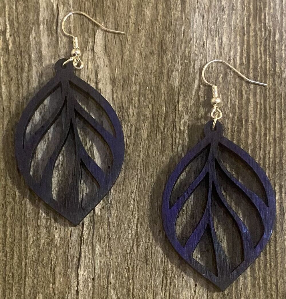 Wood Earrings - 2" x 1.3" Leaf - Purple Dye - E020-D4
